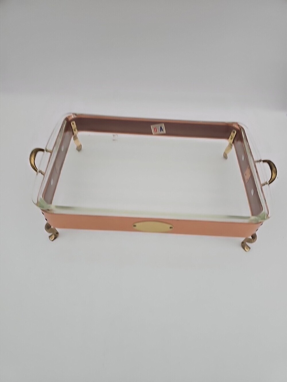 PYREX Glass Dish With Copper Stand Included EUC MCM 13 X 8 Made In USA